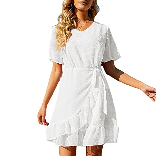 Damen Casual Kurzarm Sommerkleid V-Ausschnitt T-Shirt Kleid Freizeitkleid Knielang RüSchen Swing Strandkleid Blumendruck Kleid Mit TaillengüRtel (XXL,Weiß)