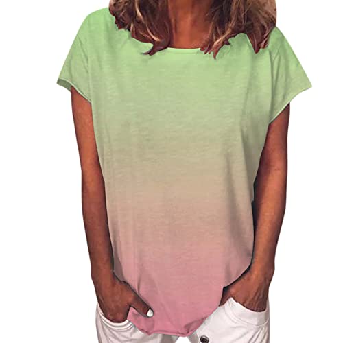 Sport Oberteile Damen Kurzarm Locker Damen Sommermode Top Lässig Bedruckter Rundhalsausschnitt Lose Gerollte Kurze Ärmel Damen T-Shirt Kurzarm mit Print (Mint Green, L)