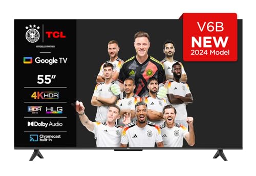 TCL 55V6B 55 Zoll, 4K Ultra HD, HDR TV, Smart TV unterstützt von Google TV (Dolby Audio, Motion Clarity, Sprachsteuerung, Kompatibel mit Google Assistant, Chromecast eingebaut