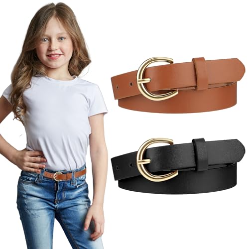 2 Stück Elastischer Gürtel Kinder, Verstellbarer Leder Taillengürtel für Kinder Kindergürtel Dünner Taillengürtel Für Mädchen Kinder Gürtel Ledergürtel Skinny Belt (Schwarz, Kamel, 82cm × 2.2cm)