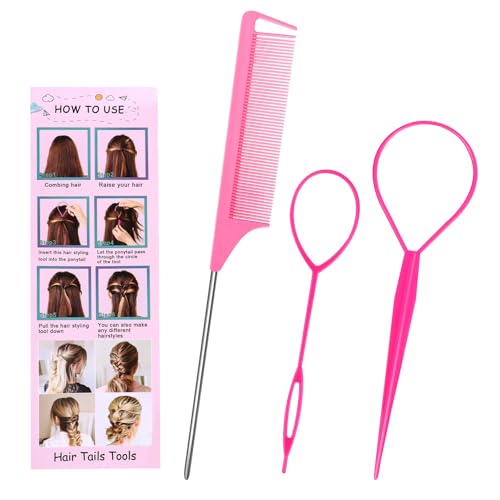 3 Stück Haar Tail Twister Band, Frisurenhilfe Zopfhalter, Dutt Styler Haartwister, Hair twister, Rattenschwanzkamm, Frisuren zubehör haare flechten für Frauen Mädchen (Rosa)