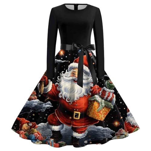 PTLLEND Weihnachten Vintage Langarm O Weihnachten Hausfrau Abend Party Prom Party Strand Kleid (S)