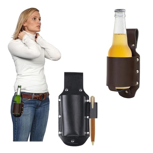 2 Stücke Bierholster,Bierholster,Biergürtel Bierhalter,Bier Holster für Herren Vintage Leder,Taille Bier Holster,Bierhalter,Herrengeschenk, geeignet zum Grillen, Camping, Outdoor (schwarz, braun)