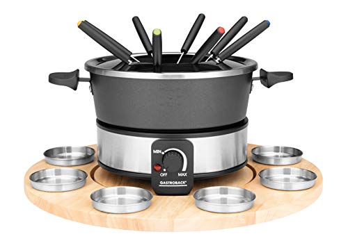 GASTROBACK 42566 Fondue Set, praktischer Drehteller mit 8 Edelstahl-Saucenbehälter Stufenlos regelbar von 40°C bis 190°C, 1.000 Watt, 1000, Antihaftbeschichteter Topf, schwarz, Silber