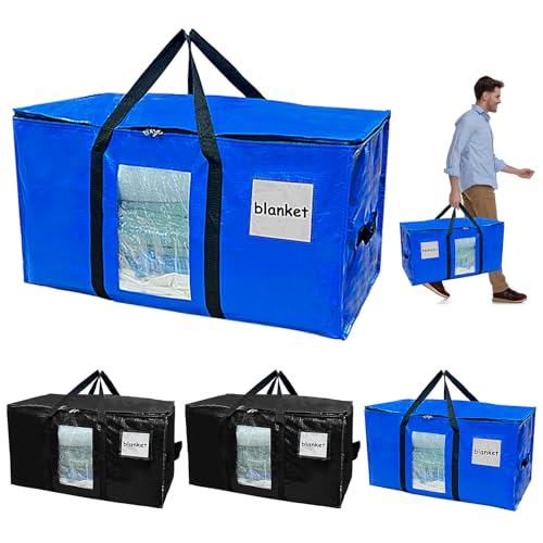 LPAMABA 4 Stück 100L Große Aufbewahrungstasche Umzugstaschen mit Griffe & Deckel Sichtfenster Wasserdichte Umzugshelfer Heavy-Duty Umzugskartons, Alternative zu Umzugskartons (Blau & Schwarz)