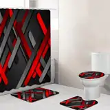 YANXIABH Schwarz-rotes geometrisches Muster, 3D-gedrucktes Badezimmer-Duschvorhang-Set, U-förmige Toilettensitzmatte, Rutschfester Mattenteppich, 4er-Pack