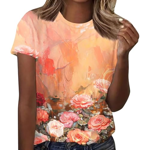 Modische Damen-T-Shirts für Freizeit Büro Rundhals kurzärmlig mit stilvollen Druckmotiven Ideal für Frühling Sommer perfekt kombiniert mit Jeans (Orange, M)