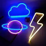 NELUX 3er-Pack Blitz, Planet und Wolke - LED Neon Schild Wand Deko Gaming, Neon Sign Kinder Zimmer Gamer, Neon Schild Light Room, Neonlicht Wall Lampe Led Wanddeko, Bar. USB oder Batterien