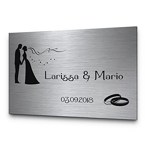 Hochzeitsschilder Edelstahl mit individueller Gravur zB Datum & Name | Viele schöne Designs zB Traupaar Brautpaar | Personalisierte Hochzeitsgeschenke Silberhochzeit Just Married