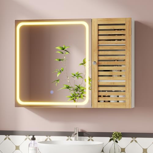 FORABAMB Badezimmer spiegelschrank mit LED Beleuchtung, Spiegelschrank Bad mit Spiegel, 6 Ablagefächern, 4 verstellbare Ablagen, 80 cm Breit Doppeltür Badschrank, Berührung Sensorschalter 80×60×16cm