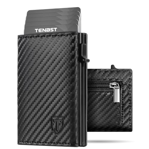 TENBST Geldbörse Herren, Slim Wallet mit Münzfach, Kartenetui mit RFID Schutz, Portmonee Geldbeutel Herren, Kreditkartenetui Klein with Gift Box (Carbon Schwarz)