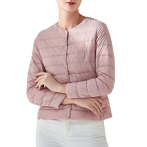 Daunenjacke für Damen, temperamentvoll, warm, einfarbig, Rundhalsausschnitt, leicht, weiße Entendaunen, kragenlos, kurze Slim-Fit-Liner, langärmelige Daunenjacke Sommerjacke Damen Damen (Pink, L)