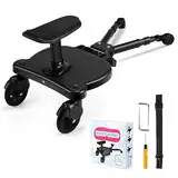 Buggy Board, Trittbrett für Kinderwagen Universal, Buggy Board für Alle Kinderwagen, Kiddy Board mit Sitz, für Kinder von 2 bis 6 Jahren, Maximale Belastung 25 KG (schwarze Räder)