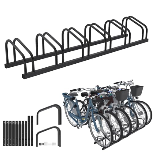 Froadp Fahrradständer Boden für 6 Fahrräder,Mehrfachständer für 30-65mm Reifenbreite, Galvanisierter Stahl Fahrradhalter, Boden und Wandmontage,Schwarz