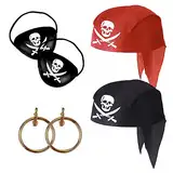 6 Stück Piraten Kostüm Zubehör Set für Erwachsene Kinder, Captain Piraten Accessoires inklusive Piraten Augenklappen, Piraten Bandana und Ohrringe, Piraten Rollenspiel Set für Kostüm Halloween Party