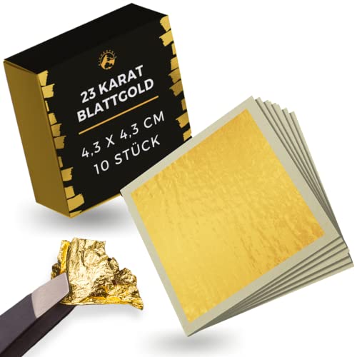 EICHENFELS Essbares Blattgold [ECHT 23 Karat] 10 Stk - 4,3x4,3cm - Laborgeprüftes Blattgold Essbar für Torten - Backen, Kochen, Basteln, Kosmetik - Essbare Goldblätter - Edible Gold Leaf - Gold Essbar