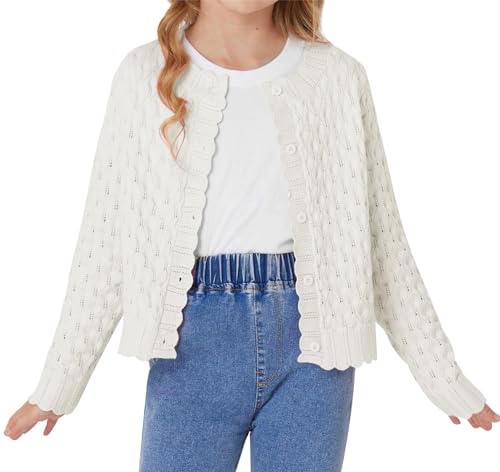 GRACE KARIN Lässiges Pullover Mädchen Lange Ärmel Rundhals Knitted Cardigan mit Mustertextur Elfenbeinweiß S