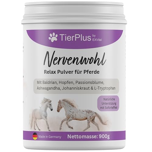 TierPlus Nervenwohl Relax Pulver für Pferde, mit Mit Baldrian, Hopfen, Leinöl, Passionsblume, Ashwagandha, Johanniskraut & L-Tryptophan, 900g Dose, hochdosiert & mit Soforteffekt!