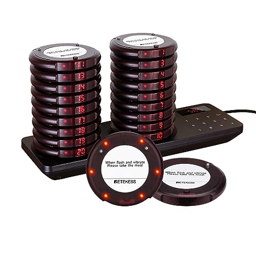 Retekess TD163 Pager System, Pager Rufsystem, 400M Restaurant Pager, Edelstahl-Ladegerät, 31 Anrufmodi, 20H Standby, Aufrufsystem für Hotel, Eisdiele, Cafe (1 Tastatur 20 Pagers)