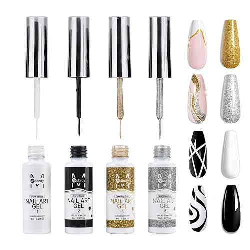 Gel Liner Nagellack Set Gel Liner Nail Art Kit für Nageldesign, 4 Farben Schwarz Weiß Gold Silber Designfarbe mit dünnem Pinsel für French Tip Maniküre DIY Nail Art, 8 ml