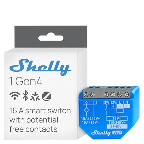 Shelly 1 Gen4, WLAN-betriebener Smart-Relaisschalter, 1 Kanal, 16A, Potentialfreier Kontakt, Hausautomation, Fernsteuerung, Kein Hub Erforderlich, Alexa, Apple HomeKit & Google Home, Zigbee & Matter
