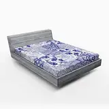 Lunarable Japanisches Spannbettlaken, japanisches Patchwork-Kunst- und Handwerksmuster, Natur, Botanische Wildtiere, weicher dekorativer Stoff, Bettwäsche, Queen-Size, Weiß Blau