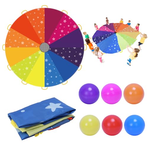DKINY Regenbogen Schwungtuch Kinder 2.4m Bunt Fallschirm mit 12 Bällen und 12 Griffe Parachutes Spielzeug Fallschirmspiel Kooperative Bewegungsspiel Sportspiel Outdoor Gruppenspiel für Garten Schulen