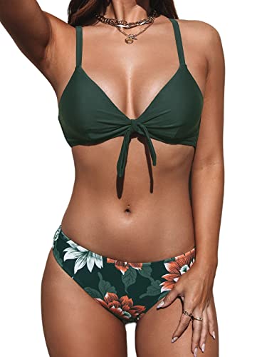 CUPSHE Damen Bikini Set Knoten Low Waist Bikini Bademode Cross Back Blumenmuster Zweiteiliger Badeanzug Swimsuit Dunkelgrünes Blumenmuster M