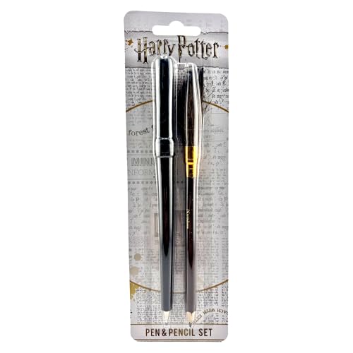 HARRY POTTER Stift und Bleistift Set (Zauberstab und Besen Design) Kugeschreiber, Stifte-Set Geschenke für Frauen und Männer - Offizielles Lizenzprodukt