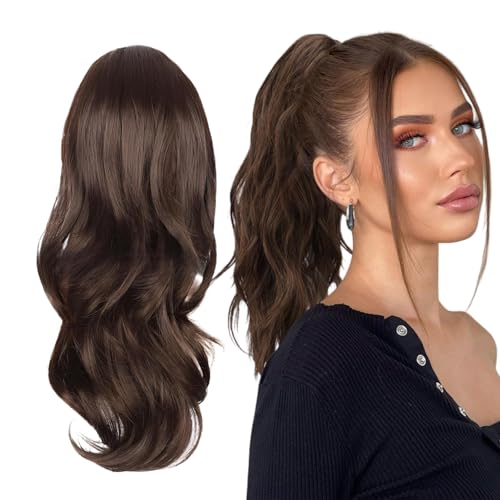 SNONESIY Ponytail Extension, Echthaar Zopf Haarteil, 66 cm, Lockig, WIG, Haarverlängerung, Zopfverlängerung, Braun
