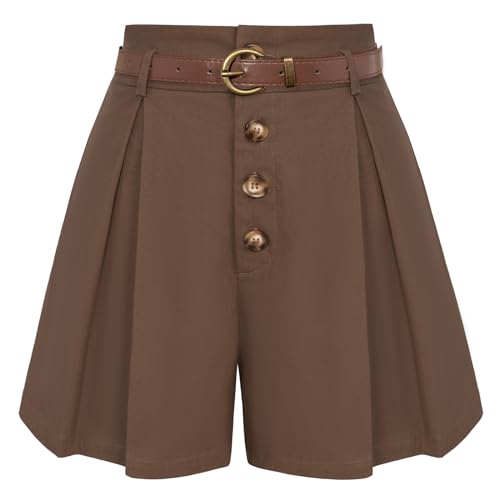 Belle Poque Damen Vintage Shorts mit Taschen Sommer lässig weites Bein Baumwolle Shorts für Homecoming Kaffee Braun BP0913-04 M