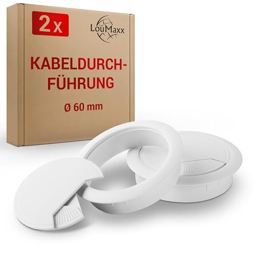 LouMaxx Kabeldurchführung Schreibtisch weiß – 2er Set Kabeldurchlass 60mm Ø - Tisch Kabel Durchführungen aus stabilem Kunststoff - passgenaue Kabellochabdeckung mit Stabiler Tisch Kabeldurchführung