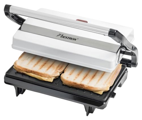 Bestron Kontaktgrill mit Auffangschale, Sandwichmaker mit Cool-Touch-Handgriff, Paninimaker mit Antihaftbeschichtung, 700 Watt, APM123W, Farbe: Weiß