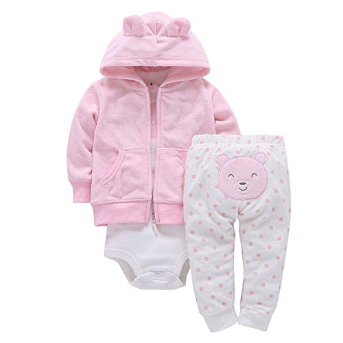 Unisex Neugeborenes Baby Mädchen Jungen Winter Herbst Kleidung Langarm Niedlich Cartoon Warmer Einteiler Strampler + Lange Hose + Hoodie Kapuzenmantel Causla 3Stk Outfit Set Rosa + Weiß 12-18 Monate