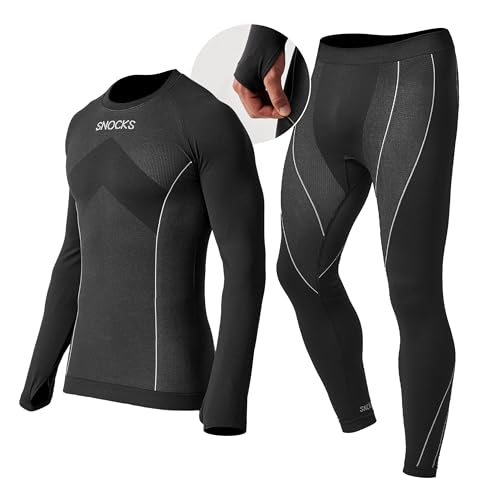 Snocks Thermounterwäsche Herren Thermounterhemd und Thermounterhose für Männer- Termoset Atmungsaktiv Funktionsunterwäsche Herren - XL - Schwarz mit Daumenloch