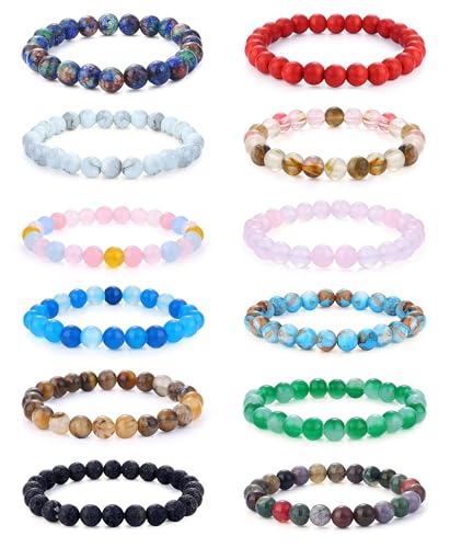 YADOCA 12 Stück 8mm Perlenarmband für Herren Damen Heilung Naturstein Armband Halbedelsteine Armbänder Kristall verstellbar Elastic Herren Armband Perlen Set