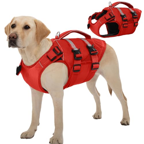 Kuoser Schwimmweste Hund Große, Rettungswesten für Hunde Schwimmweste mit Griff und Reflektierend, Verstellbar Hundeschwimmweste, Schwimmweste für Große Hunde mit Verbesserter Auftrieb, Rot XL