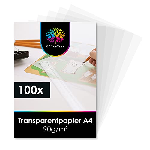 OfficeTree 100 Blatt Transparentpapier A4 Bedruckbar - Pergamentpapier zum Bedrucken auch als Pauspapier, Architektenpapier, Bastelpapier oder Laternenzuschnitte