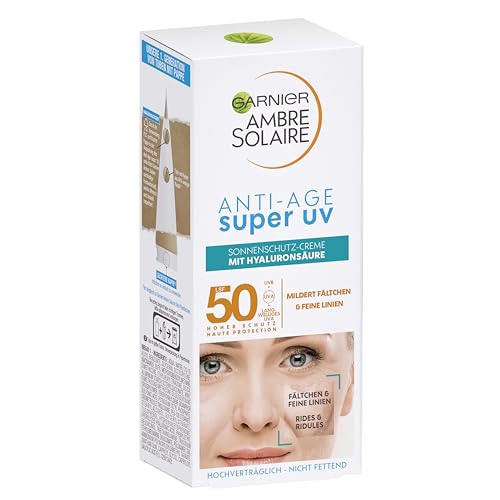 Garnier Anti-Aging Sonnencreme mit LSF 50, Sonnenschutz mit Hyaluron und Vitamin B gegen Falten und Trockenheit, Ambre Solaire, 1 x 50 ml