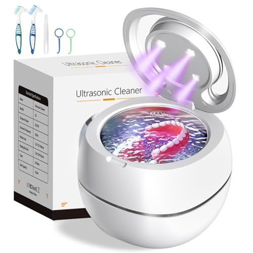 Ultraschallreinigungsgerät für Zahnersatz, 42000HZ 180ml Ultraschall-UV-Reinigungsgerät, 30W Ultrasonic Cleaner für Zahnprothesen, Aligner, Retainer und Mundschutz (Weiß)