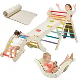 EROMMY 5 in 1 Kinder Klettergerüst Set mit Matte, Regenbogen-Indoor Klettergerüst, stabiles faltbares Kletterdreieck mit doppelseitiger Rutsche für Kinder ab 3 Jahre