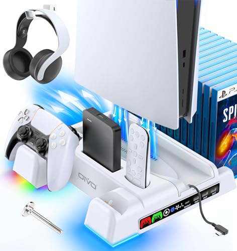 OIVO PS5/PS5 Slim Ständer mit 3 stufig Lüfter und RGB Licht, PS5 Standfuß mit 4 USB Ports/PS5 Controller Ladestation/Headset Halter/Remote Steckplatz/14 Spiele Aufbewahrung für PS5 Zubehör