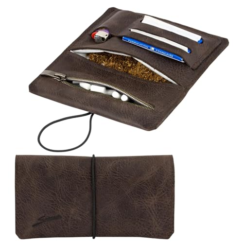 Tabaktasche aus Leder für 30g Tabakbeutel, Echtleder Dreher-Tasche inkl. Filterfach und Plättchen-Halter (Dunkelbraun)