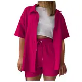 PTLLEND Zweiteiler Damen Sommer Musselin Kurzarm Bluse Hemd und Shorts Zweiteiler Sommer Elegant Aesthetic Lounge Set Strand Outfit Set Two Piece Mode Leicht Urlaub Freizeit(Hot Rosa #1,XXL)