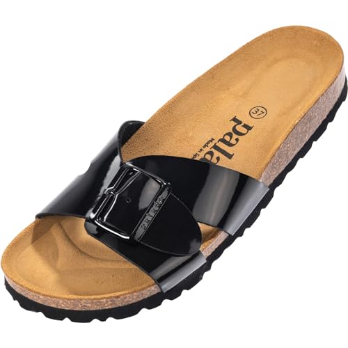 Palado Damen Pantoletten Tinos - extra bequeme Sandalen - Hausschuhe mit Natur Kork - Made in EU - Sandaletten mit Sohle aus feinstem natur Leder Lack Schwarz 40 EU