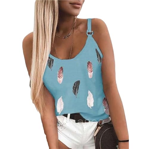 Damen Rundhalsausschnitt Bedruckte Tank Tops Lässige Spaghetti-Träger Bluse Shirts Lose Passform Trendy ärmellose T Shirts (Blau,3XL)