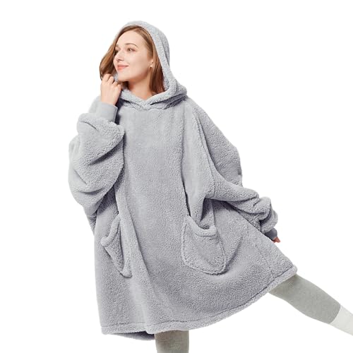 BEDSURE Hoodie Decke mit Ärmeln Deckenpullover - Tragbare Decke zum Anziehen als Geschenke für Frauen Damen, Warm Kuschelpullover Erwachsene weich Ärmeldecke Grau 95x85 cm