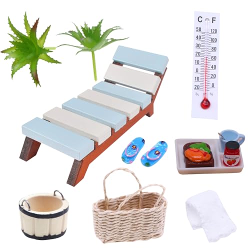 FENGQ Miniatur Deko Sauna Zubehör, 13 Stück Wellness Deko Zubehör, Mini Saunazubehör, mit Miniatur Lebensmittel, Mini Strandkorb Korb Hausschuhe Eimer Badetuch, für DIY Dekoration