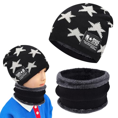 Kinder Wintermütze Beanie Hut mit Schal Set, mit Fleece Gefütterte, Thermisch Strickmütze Mütze, Baumwollmütze, für Jungen Mädchen Kind, Halswärmer Geschenk Weihnachten(