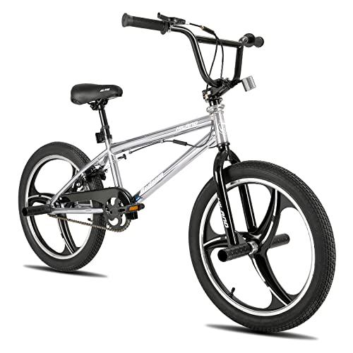 Hiland 20 Zoll 3 Speichen Kinder BMX Fahrrad für Jungen Mädchen ab 7 8 9 10 Jahre alt, 360 Grad Rotor Freestyle, 4 Pegs Single Speed Kinder BMX Fahrrad Silber